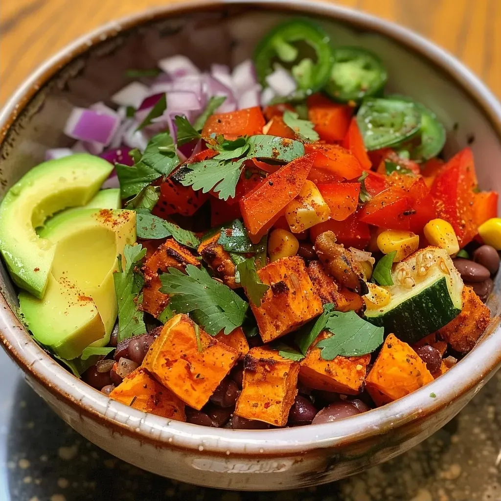 ['Close-up view of colorful Sweet Potato Bowls with diced sweet potatoes, black beans, and fresh avocado.', 'Vibrant Sweet Potato Bowls featuring layers of diced sweet potatoes, red bell pepper, and topped with cilantro.', 'Side view of a healthy Sweet Potato Bowl filled with roasted vegetables and garnished with fresh herbs.', 'Delicious Sweet Potato Bowls showcasing an array of ingredients including corn, zucchini, and black beans.']
