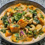 ['Close-up view of a bowl of vibrant sweet potato curry with greens and chunks of sweet potato.', 'Side perspective of a delicious-looking sweet potato curry garnished with fresh herbs and cashews.', 'A colorful serving of sweet potato curry displaying a creamy texture and rich ingredients.', 'Detailed shot of a hearty sweet potato curry with spinach and a sprinkle of chopped herbs.']