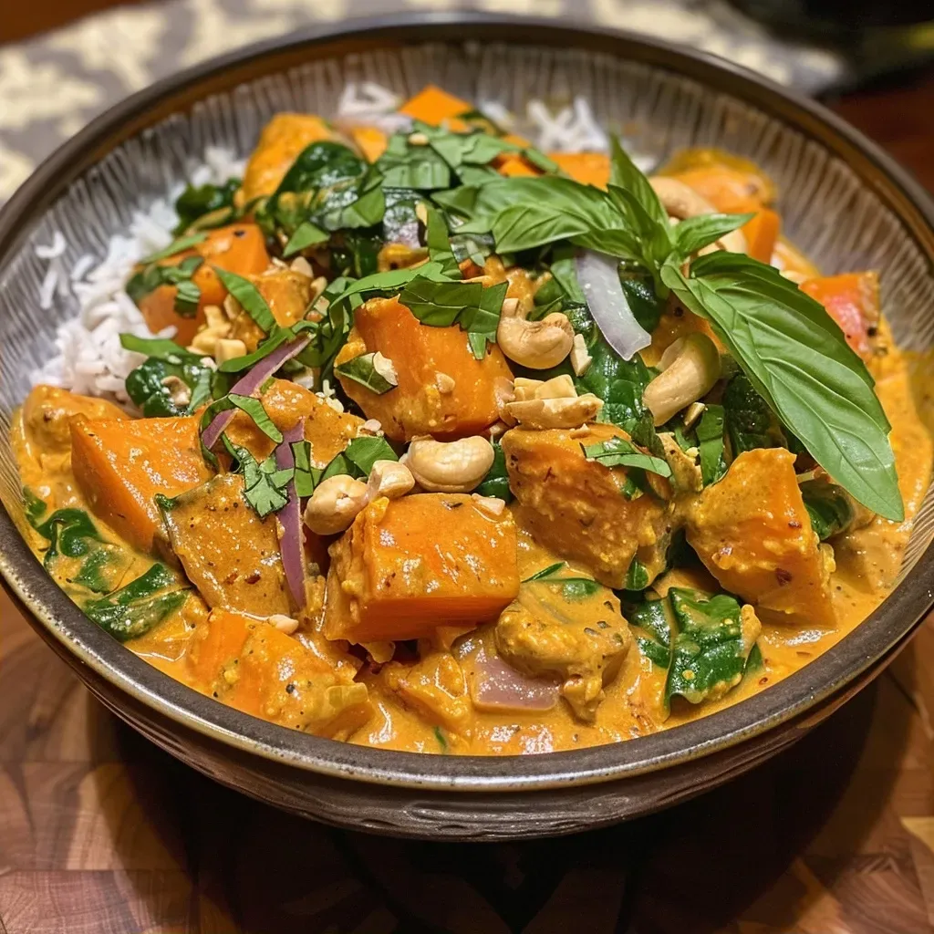 ['Close-up view of a bowl of vibrant sweet potato curry with greens and chunks of sweet potato.', 'Side perspective of a delicious-looking sweet potato curry garnished with fresh herbs and cashews.', 'A colorful serving of sweet potato curry displaying a creamy texture and rich ingredients.', 'Detailed shot of a hearty sweet potato curry with spinach and a sprinkle of chopped herbs.']