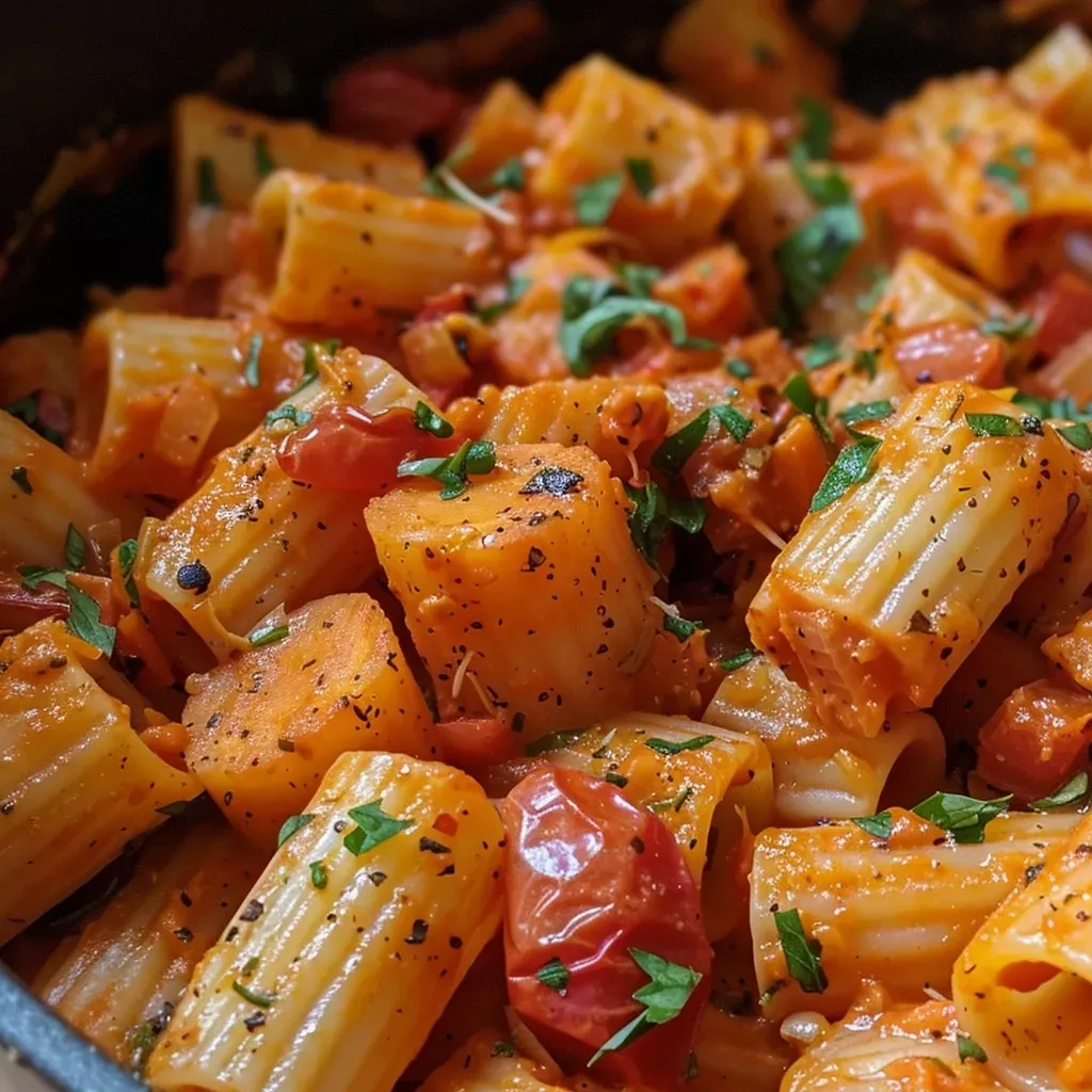 Close-up of a creamy sweet potato pasta sauce with visible chunks of sweet potato and tomatoes.