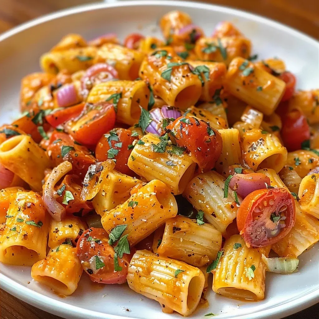 Close-up of a creamy sweet potato pasta sauce with visible chunks of sweet potato and tomatoes.
