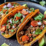 ['A close-up view of vibrant sweet potato tacos filled with colorful fresh ingredients.', 'Delicious-looking sweet potato tacos garnished with avocado, cilantro, and diced tomatoes.', 'Juicy sweet potato tacos presented from the side, showcasing layers of ingredients.', 'A detailed side view of mouthwatering sweet potato tacos, emphasizing textures and colors.']