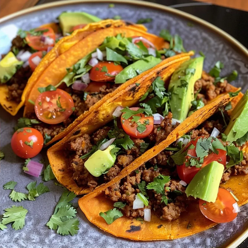 ['A close-up view of vibrant sweet potato tacos filled with colorful fresh ingredients.', 'Delicious-looking sweet potato tacos garnished with avocado, cilantro, and diced tomatoes.', 'Juicy sweet potato tacos presented from the side, showcasing layers of ingredients.', 'A detailed side view of mouthwatering sweet potato tacos, emphasizing textures and colors.']