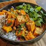 ['Close-up view of a vibrant Tofu Pumpkin Curry featuring chunks of tofu and pumpkin.', 'Side angle of a bowl of Tofu Pumpkin Curry with fresh greens and spices visible.', 'Juicy Tofu Pumpkin Curry garnished with basil and served with rice.', 'Colorful Tofu Pumpkin Curry with chopped vegetables and tofu pieces in a bowl.']
