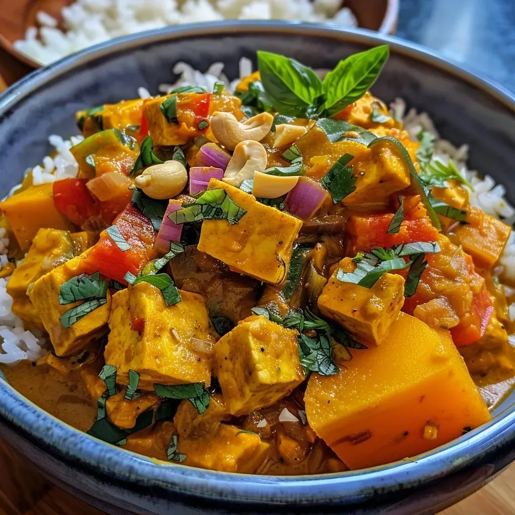 ['Close-up view of a vibrant Tofu Pumpkin Curry featuring chunks of tofu and pumpkin.', 'Side angle of a bowl of Tofu Pumpkin Curry with fresh greens and spices visible.', 'Juicy Tofu Pumpkin Curry garnished with basil and served with rice.', 'Colorful Tofu Pumpkin Curry with chopped vegetables and tofu pieces in a bowl.']