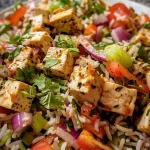 ['A close-up view of a vibrant Tofu Shawarma-inspired salad with crispy rice and fresh toppings.', 'A colorful plate of crispy rice salad featuring marinated tofu and various vegetables.', 'Side view of a delicious salad showcasing tofu, crispy rice, and garnished with herbs.', 'An abundance of ingredients in a Tofu Shawarma salad, highlighting its textures and colors.']