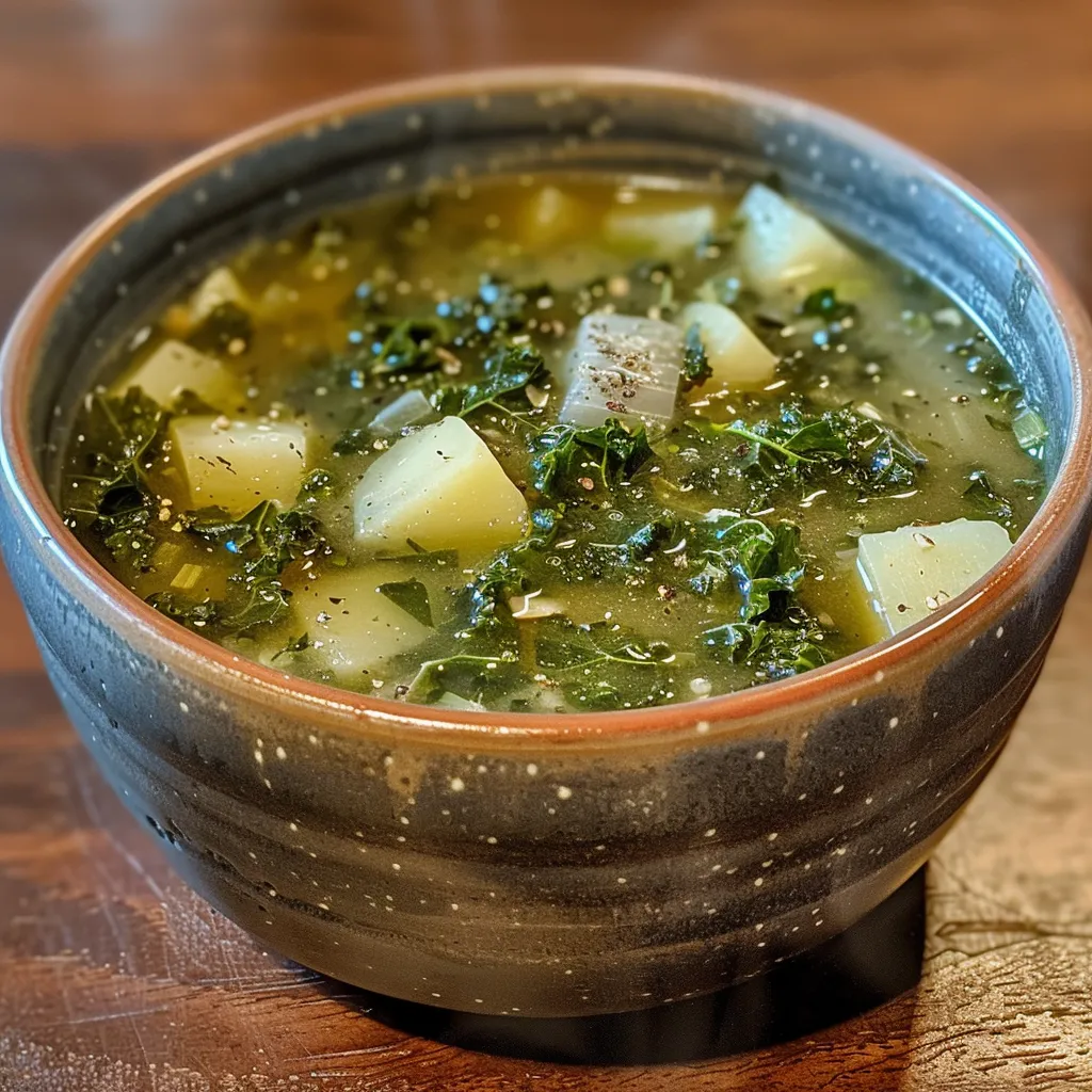 ['Close-up view of a bowl of Easy Kale Soup with visible kale leaves and diced potatoes.', 'Side angle of a steaming bowl of Easy Kale Soup, showcasing rich green kale and creamy broth.', 'Delicious Easy Kale Soup in a bowl, featuring chunks of potatoes and herbs, taken with an iPhone.', 'Close-up of a vibrant bowl of Easy Kale Soup, highlighting fresh ingredients like kale and garlic.']