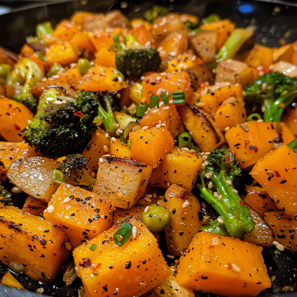 ['Close-up view of a vibrant butternut squash stir-fry with colorful vegetables.', 'Juicy butternut squash stir-fry featuring diced squash and mixed vegetables in a pan.', 'Side view of a steaming butternut squash stir-fry with a glossy appearance and fresh herbs.', 'Detailed image of a hearty butternut squash stir-fry showcasing the textures of squash and veggies.']