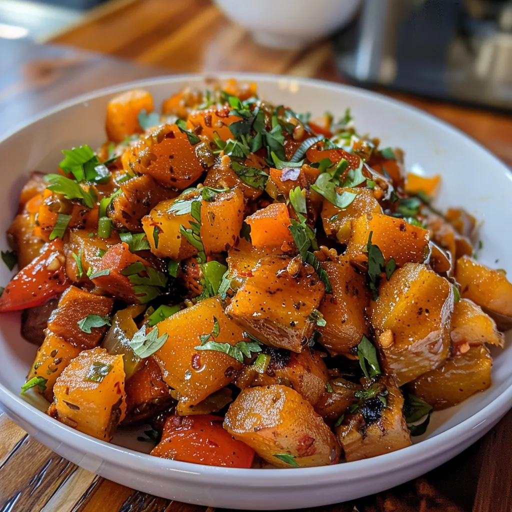 ['Close-up view of a vibrant butternut squash stir-fry with colorful vegetables.', 'Juicy butternut squash stir-fry featuring diced squash and mixed vegetables in a pan.', 'Side view of a steaming butternut squash stir-fry with a glossy appearance and fresh herbs.', 'Detailed image of a hearty butternut squash stir-fry showcasing the textures of squash and veggies.']