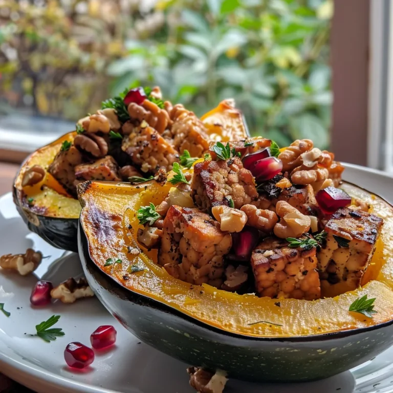 ['Close-up side view of a juicy stuffed acorn squash filled with tempeh and vibrant garnishes.', 'A detailed shot of a halved acorn squash, stuffed with a colorful mixture, showcasing its appealing texture.', 'Side view of a delectable stuffed acorn squash, revealing its rich filling of tempeh and herbs.', 'Close-up image of a baked acorn squash, overflowing with a savory tempeh filling and garnished elegantly.']