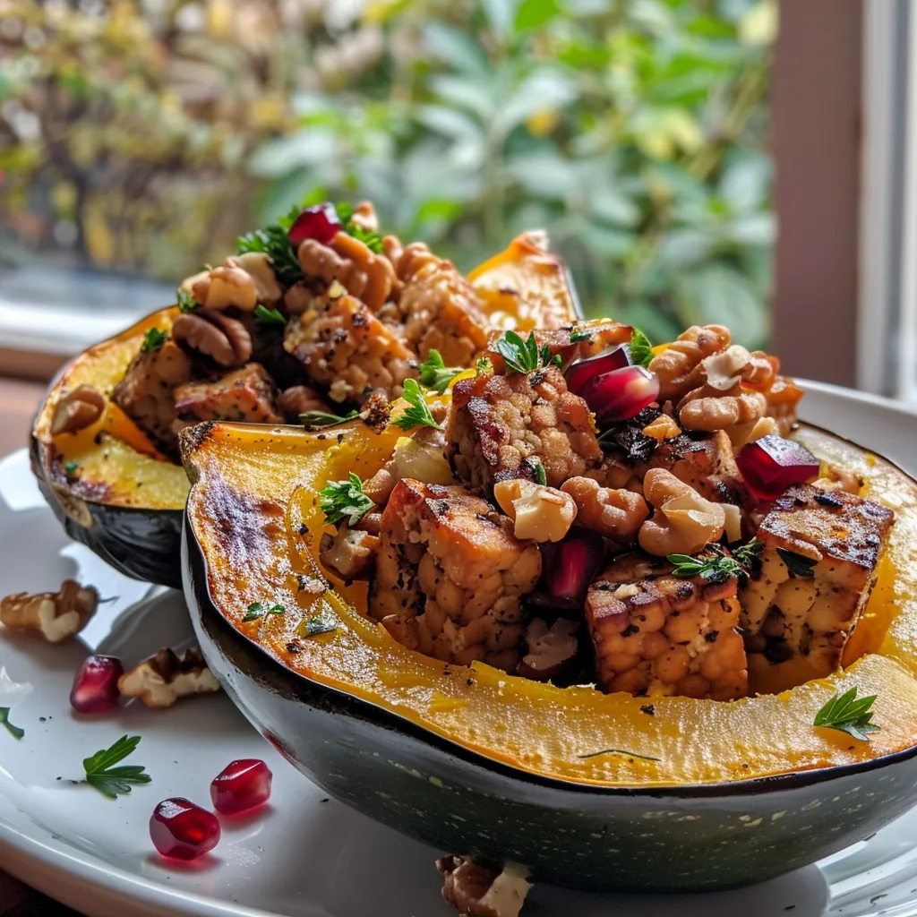 Close-up side view of a juicy stuffed acorn squash filled with tempeh and vibrant garnishes.