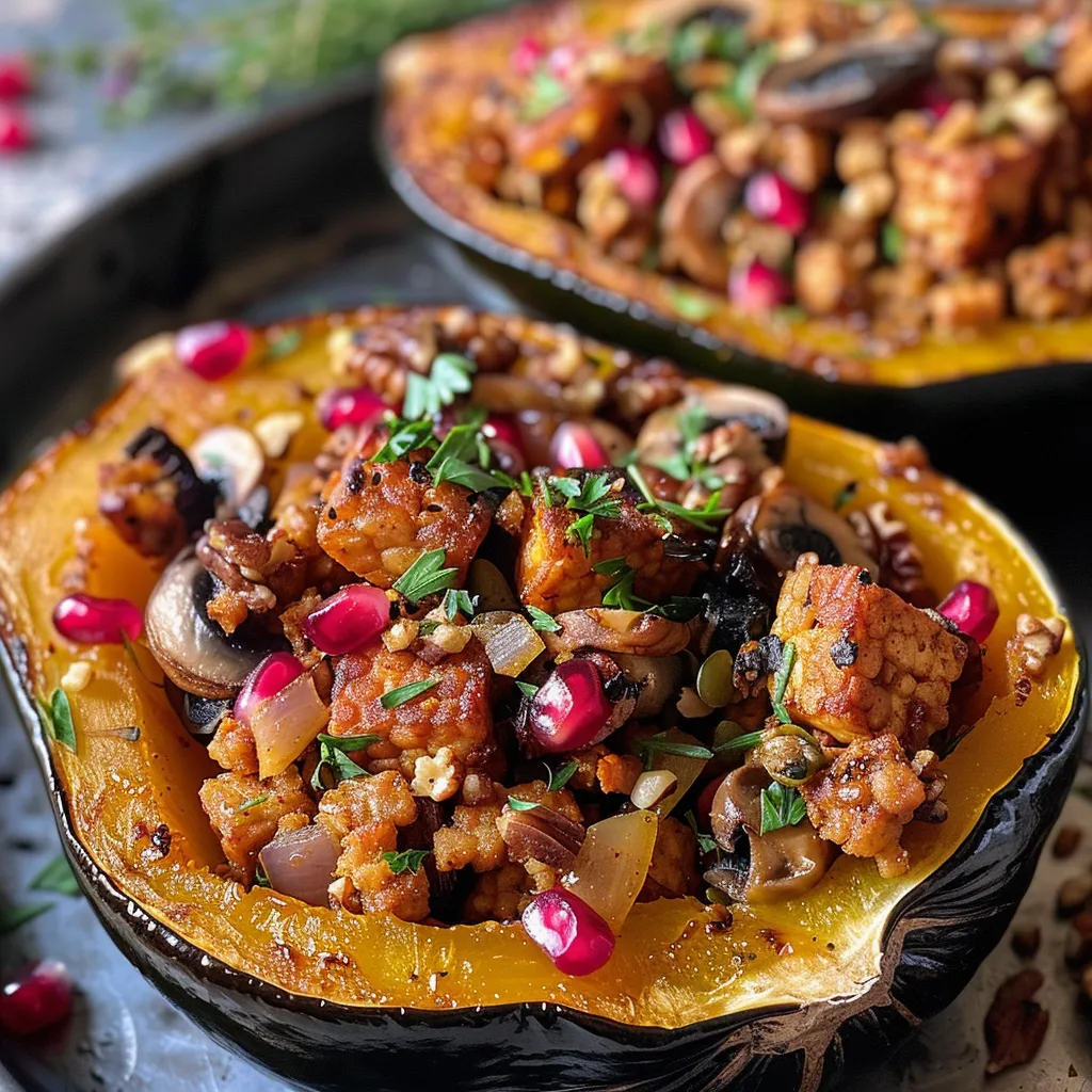 Close-up side view of a juicy stuffed acorn squash filled with tempeh and vibrant garnishes.