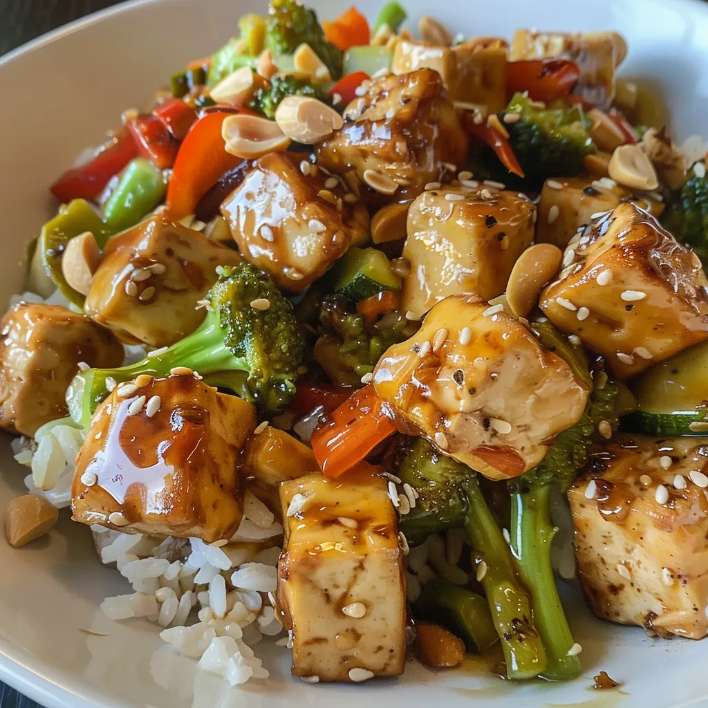 ['Close-up of a colorful vegetable stir fry with tofu on rice.', 'Side view of a vibrant vegetable stir fry topped with tofu and garnished.', 'Detail shot of a luscious stir fry with assorted vegetables and tofu served over rice.', 'Appetizing vegetable stir fry featuring tofu, mixed veggies, and rice.']