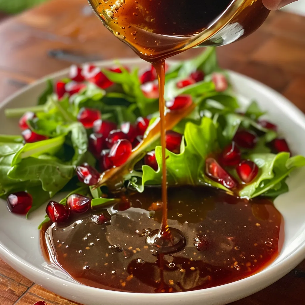 ['Close-up view of vibrant pomegranate molasses dressing in a glass bowl.', 'Side view of thick, glossy pomegranate dressing with a fresh lemon slice nearby.', 'Rich red pomegranate molasses dressing in a small dish, surrounded by fresh ingredients.', 'Deliciously thick pomegranate dressing in a bowl, glistening under natural light.']