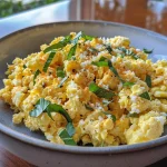 ['Close-up of scrambled eggs mixed with cauliflower rice on a plate.', 'Side view of a dish featuring fluffy scrambled eggs and cauliflower rice.', 'Juicy scrambled eggs combined with cauliflower rice garnished with cheese.', 'A textured view of scrambled eggs and cauliflower rice served on a white plate.']