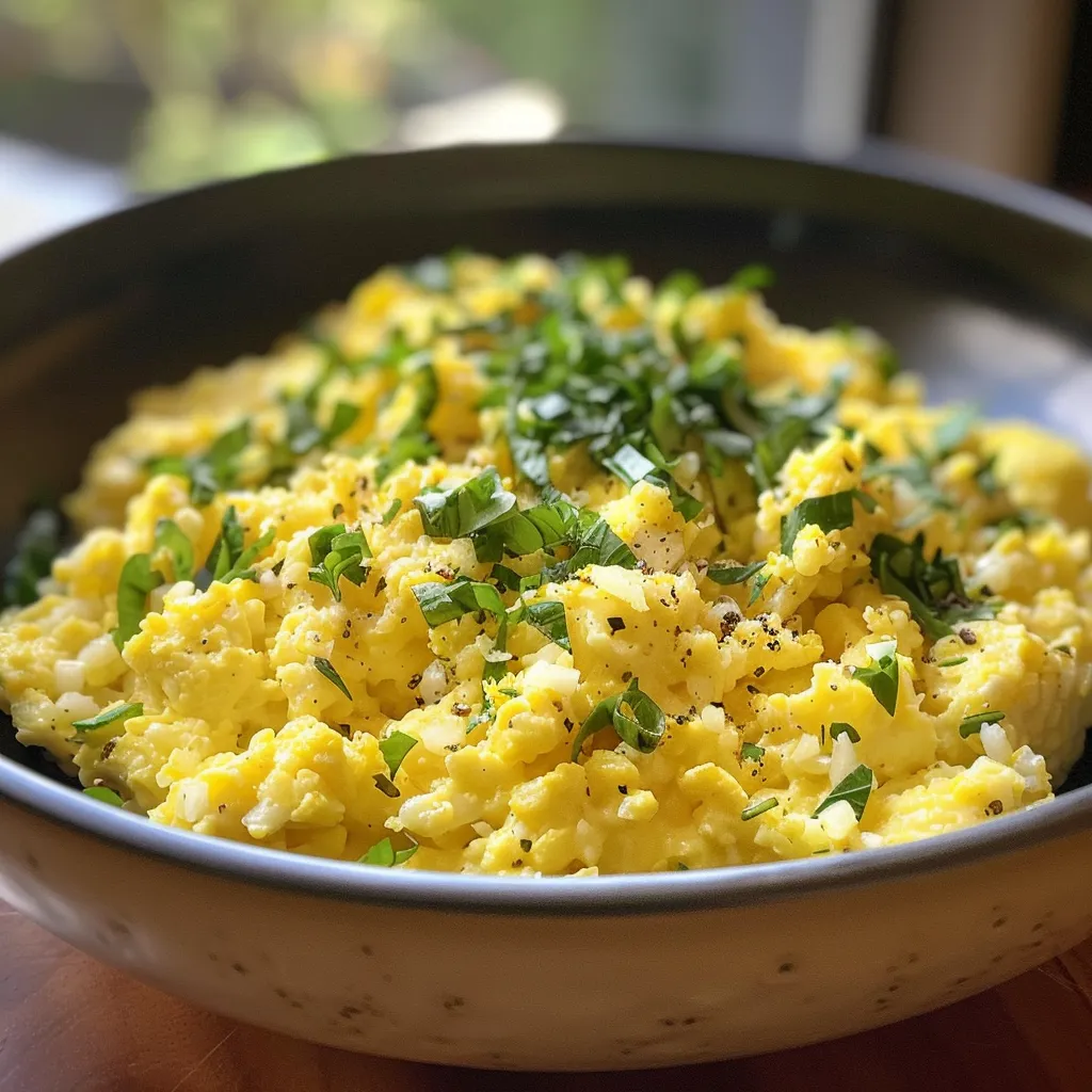 ['Close-up of scrambled eggs mixed with cauliflower rice on a plate.', 'Side view of a dish featuring fluffy scrambled eggs and cauliflower rice.', 'Juicy scrambled eggs combined with cauliflower rice garnished with cheese.', 'A textured view of scrambled eggs and cauliflower rice served on a white plate.']