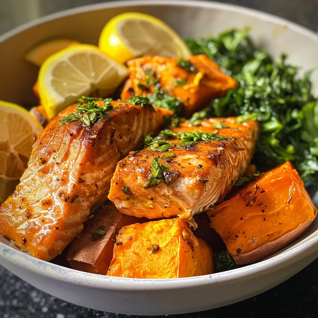 ['A close-up side view of a baked salmon sweet potato bowl with vibrant colors and fresh ingredients.', 'Juicy baked salmon fillets served over roasted sweet potatoes with greens and lemon wedges.', 'A delicious bowl featuring crispy-skinned salmon, sweet potatoes, and a sprinkle of fresh herbs.', 'A colorful meal containing salmon, sweet potatoes, greens, and garnished with lemon, captured in detail.']
