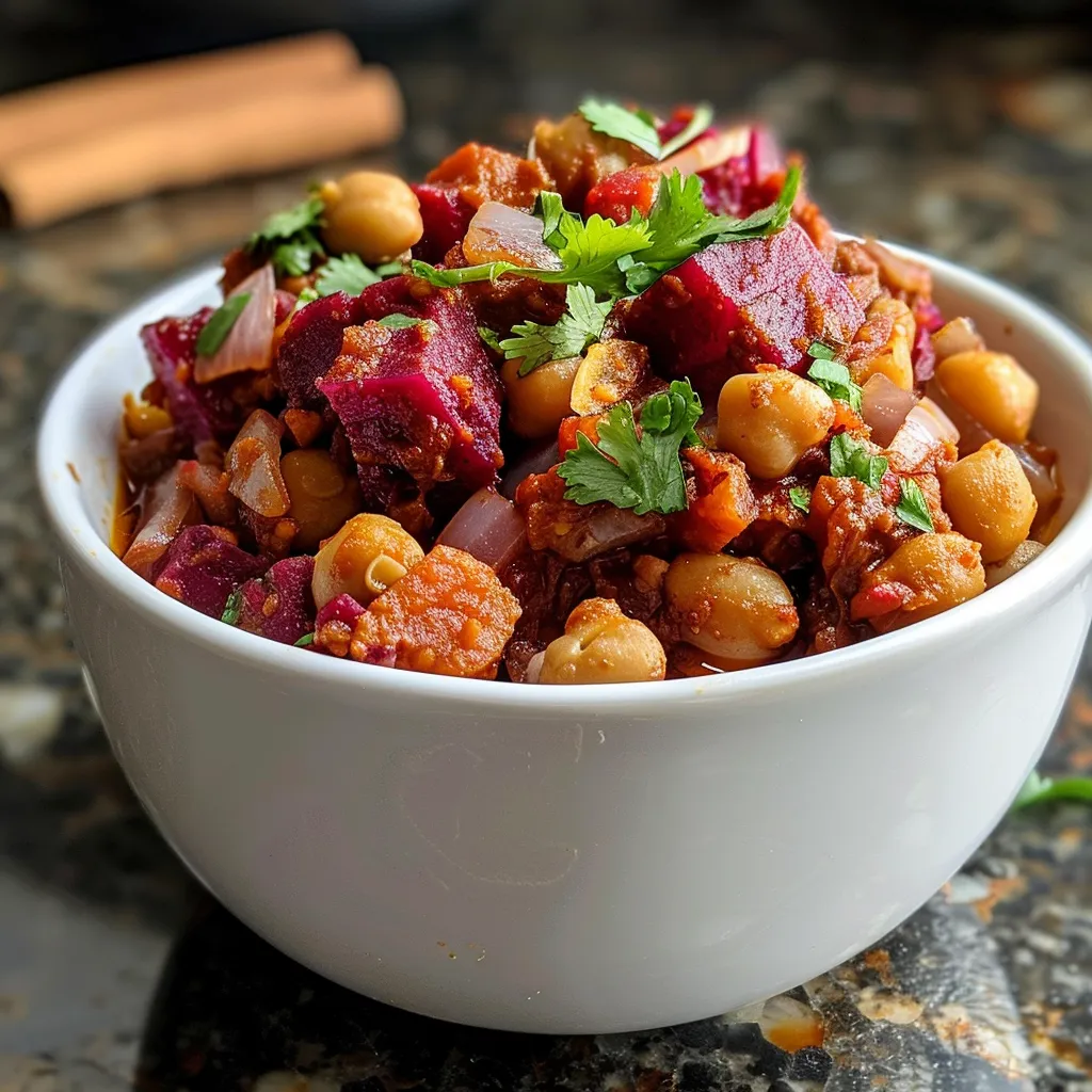 Close-up view of a vibrant beet and chickpea curry in a bowl.