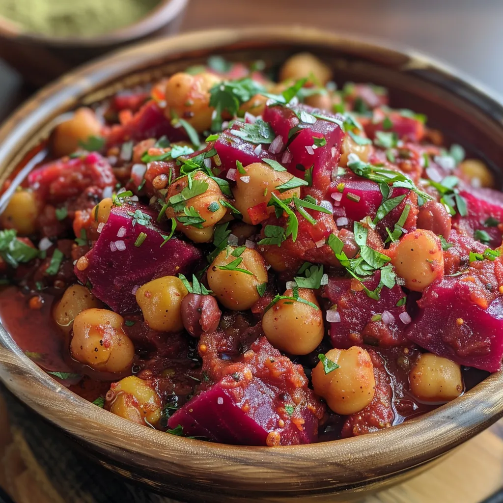 Close-up view of a vibrant beet and chickpea curry in a bowl.