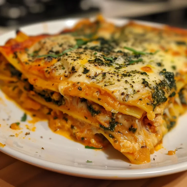 ['Close-up of a slice of pumpkin lasagna topped with cheese in a skillet.', 'Side view of high-protein pumpkin lasagna in a cast-iron skillet, showing layers and sauce.', 'Delicious pumpkin lasagna with melted cheese, served in a pan for fall dining.', 'Juicy pumpkin lasagna with visible layers and herbs in a rustic skillet setting.']