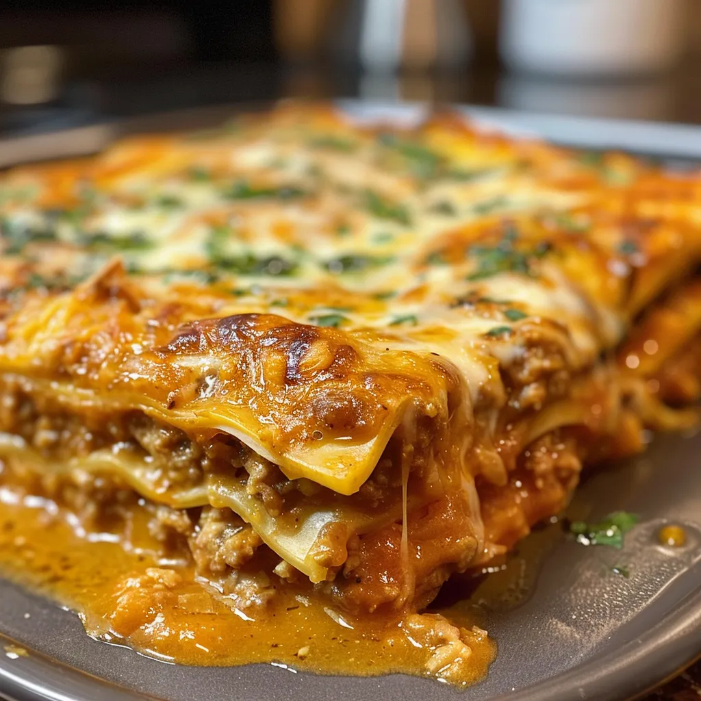 ['Close-up of a slice of pumpkin lasagna topped with cheese in a skillet.', 'Side view of high-protein pumpkin lasagna in a cast-iron skillet, showing layers and sauce.', 'Delicious pumpkin lasagna with melted cheese, served in a pan for fall dining.', 'Juicy pumpkin lasagna with visible layers and herbs in a rustic skillet setting.']