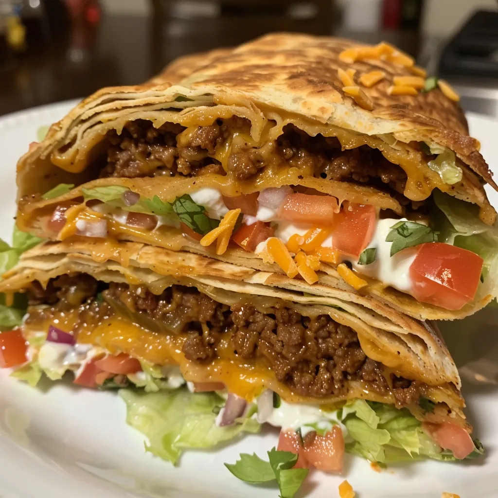 Close-up of a juicy Air Fryer Crunchwrap Supreme with visible layers of ingredients.