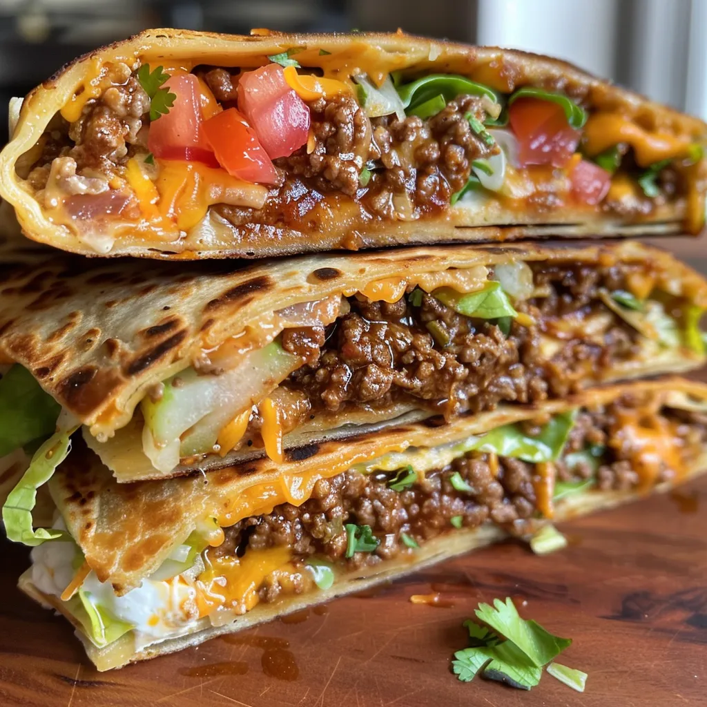 Close-up of a juicy Air Fryer Crunchwrap Supreme with visible layers of ingredients.