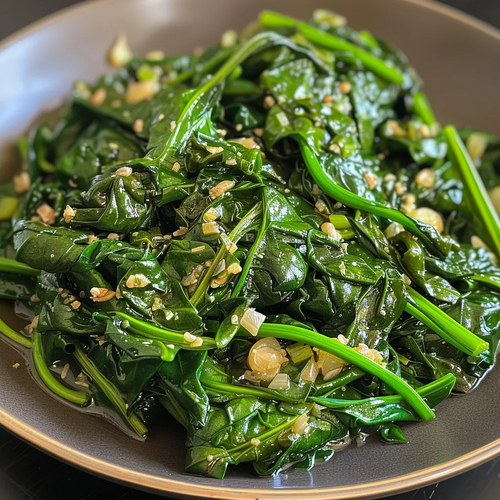 Close-up of sautéed spinach glistening with olive oil and minced garlic.