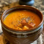 ['Close-up view of creamy air fryer pumpkin soup garnished with herbs in a bowl.', 'Side view of a vibrant orange pumpkin soup in a rustic bowl with garlic and onions beside it.', 'A luscious serving of air fryer pumpkin soup topped with a drizzle of cream and spices.', 'Bowl of easy air fryer pumpkin soup with a spoon resting next to it on a wooden table.']