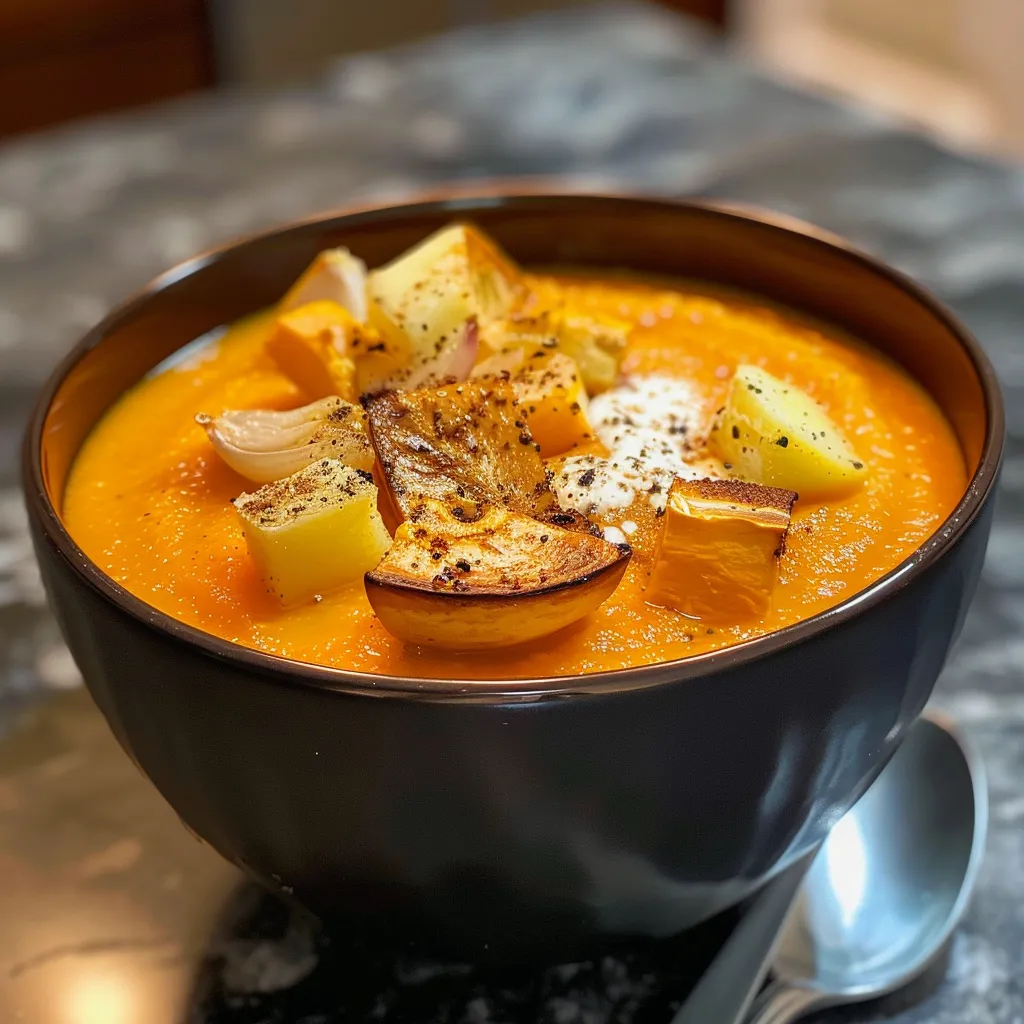 ['Close-up view of creamy air fryer pumpkin soup garnished with herbs in a bowl.', 'Side view of a vibrant orange pumpkin soup in a rustic bowl with garlic and onions beside it.', 'A luscious serving of air fryer pumpkin soup topped with a drizzle of cream and spices.', 'Bowl of easy air fryer pumpkin soup with a spoon resting next to it on a wooden table.']