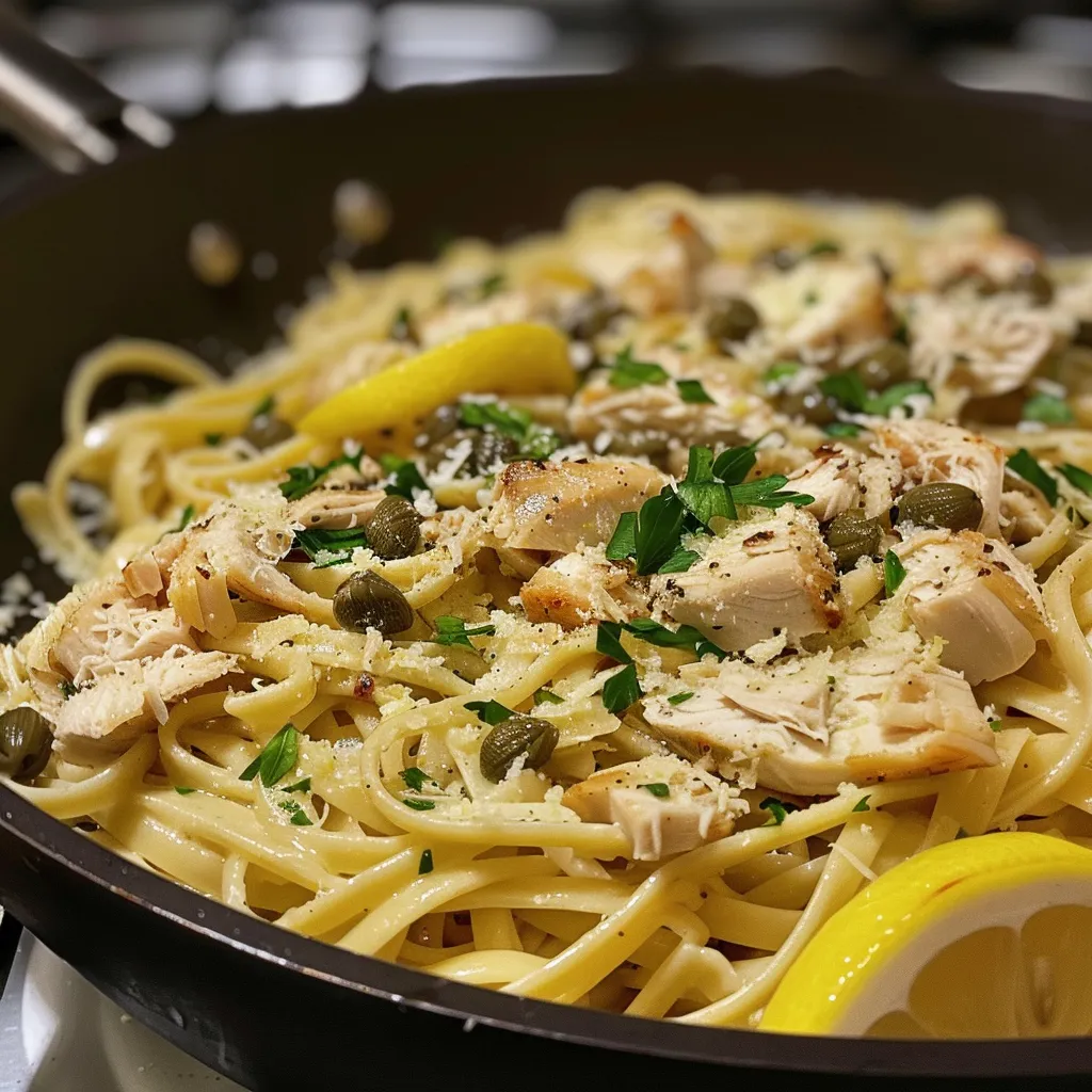 ['A close-up view of Skillet Turkey Piccata Pasta featuring diced turkey, capers, and pasta in a savory sauce.', 'Delicious Skillet Turkey Piccata Pasta served with lemon zest and parsley, displayed in a vibrant bowl.', 'Side view of a plate of Skillet Turkey Piccata Pasta showcasing cooked turkey, capers, and fresh herbs.', 'Juicy Skillet Turkey Piccata Pasta with ingredients like garlic and lemon zest, presented in an appetizing manner.']