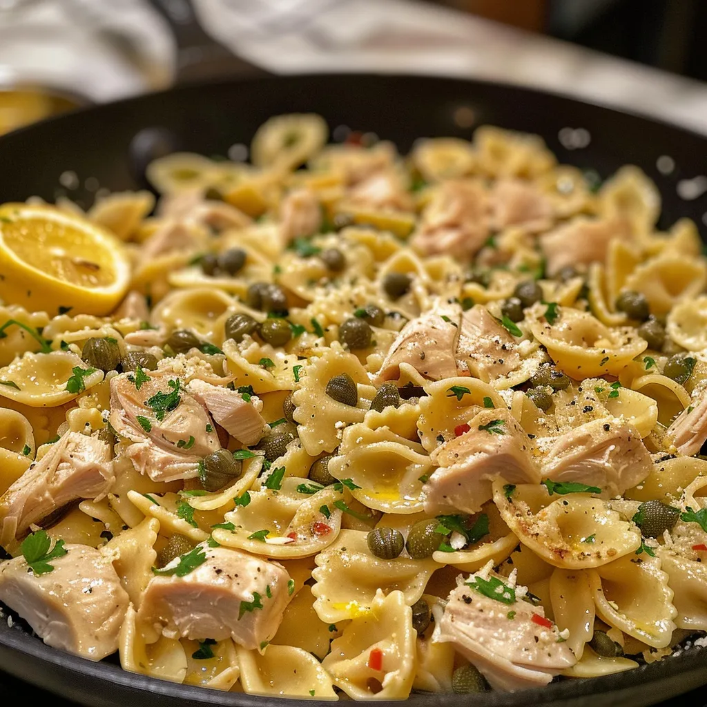 ['A close-up view of Skillet Turkey Piccata Pasta featuring diced turkey, capers, and pasta in a savory sauce.', 'Delicious Skillet Turkey Piccata Pasta served with lemon zest and parsley, displayed in a vibrant bowl.', 'Side view of a plate of Skillet Turkey Piccata Pasta showcasing cooked turkey, capers, and fresh herbs.', 'Juicy Skillet Turkey Piccata Pasta with ingredients like garlic and lemon zest, presented in an appetizing manner.']