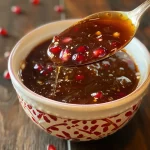 ['Close-up view of a vibrant, thick pomegranate balsamic vinaigrette in a glass jar.', 'Side view of a shiny pomegranate balsamic dressing drizzling from a spoon.', 'Rich, red pomegranate vinaigrette in a bowl, with fresh pomegranate seeds nearby.', 'Textured pomegranate dressing glistening in an elegant bottle against a minimalist background.']