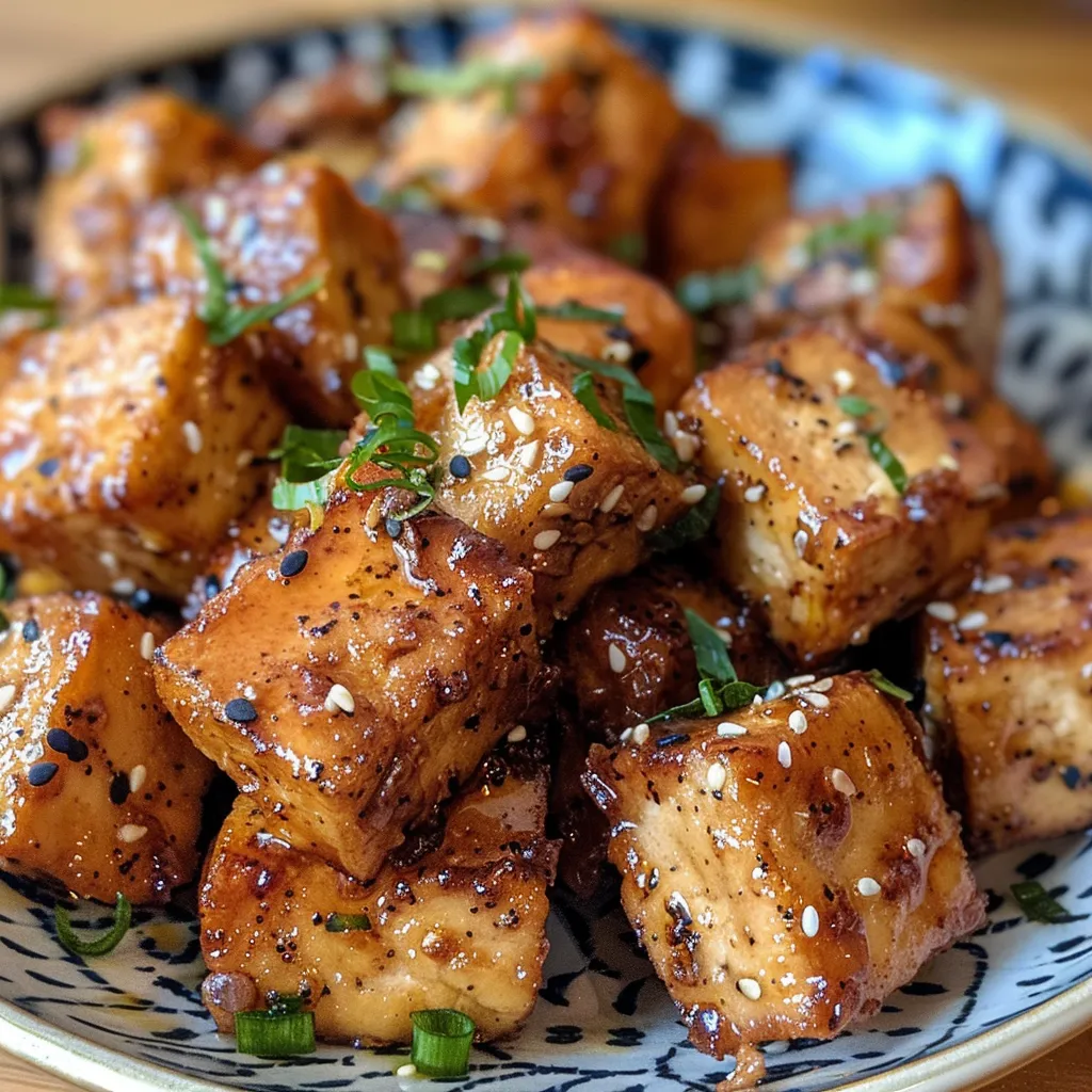 A close-up view of golden brown air fryer tofu pieces garnished with spices.