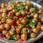 ['Close-up of crispy air fryer chickpeas garnished with parsley.', 'Side view of golden-brown chickpeas cooked in an air fryer, served in a bowl.', 'Juicy air-fried chickpeas drizzled with pomegranate molasses and garnished.', 'Stacked chickpeas with spices visible, highlighting their texture and color.']