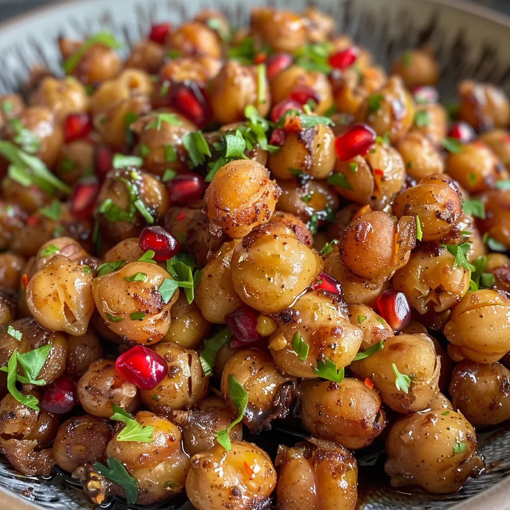 ['Close-up of crispy air fryer chickpeas garnished with parsley.', 'Side view of golden-brown chickpeas cooked in an air fryer, served in a bowl.', 'Juicy air-fried chickpeas drizzled with pomegranate molasses and garnished.', 'Stacked chickpeas with spices visible, highlighting their texture and color.']