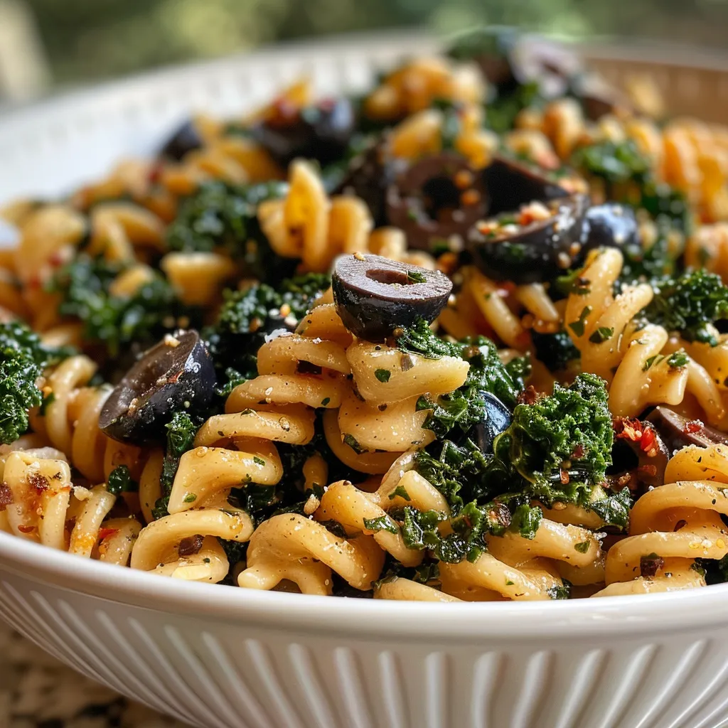 ['A close-up view of a plate of kale pasta with olives and garlic.', 'Side view of a serving of fusilli pasta topped with fresh kale and black olives.', 'Detailed shot showcasing kale pasta garnished with garlic and chili flakes.', 'A vibrant bowl of kale pasta featuring ingredients like olives and garlic.']