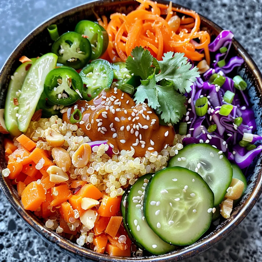 Close-up view of a colorful quinoa veggie bowl featuring fresh vegetables and nuts.