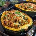 ['Close-up side view of juicy turkey stuffed acorn squash with vibrant filling.', 'A detailed side view of acorn squash filled with ground turkey and greens.', 'Side view of an acorn squash with a hearty turkey stuffing and cheese topping.', 'Close-up of a delicious turkey stuffed acorn squash showcasing its colorful ingredients.']