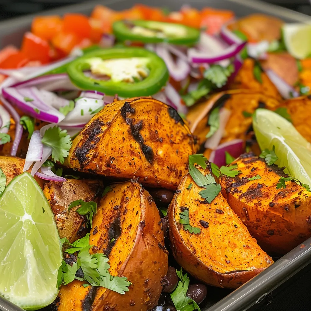 ['Close-up view of a hearty sweet potato and black bean casserole topped with melted cheese and cilantro.', 'Side view of a colorful sweet potato and black bean casserole, showcasing layers of ingredients and garnishes.', 'Juicy, vibrant sweet potato and black bean casserole in a baking dish, highlighting the textures and colors.', 'Delicious sweet potato and black bean casserole served with lime wedges, garnished with fresh cilantro.']