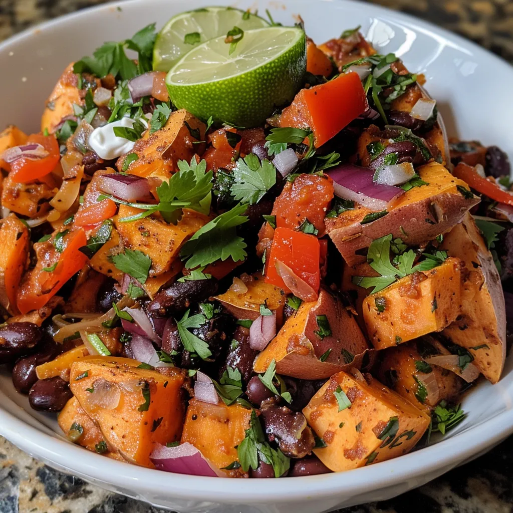 ['Close-up view of a hearty sweet potato and black bean casserole topped with melted cheese and cilantro.', 'Side view of a colorful sweet potato and black bean casserole, showcasing layers of ingredients and garnishes.', 'Juicy, vibrant sweet potato and black bean casserole in a baking dish, highlighting the textures and colors.', 'Delicious sweet potato and black bean casserole served with lime wedges, garnished with fresh cilantro.']