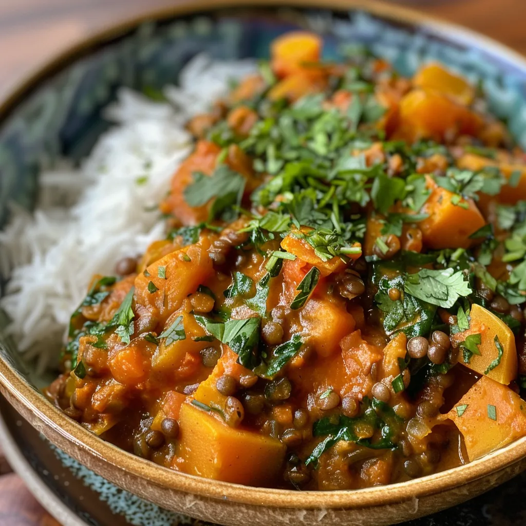 ['Close-up view of a vibrant butternut squash lentil curry in a bowl.', 'A side view of a hearty butternut squash lentil curry with colorful spices.', 'A detailed shot of butternut squash lentil curry showcasing its creamy texture.', 'A steaming bowl of butternut squash lentil curry with visible lentils and squash pieces.']