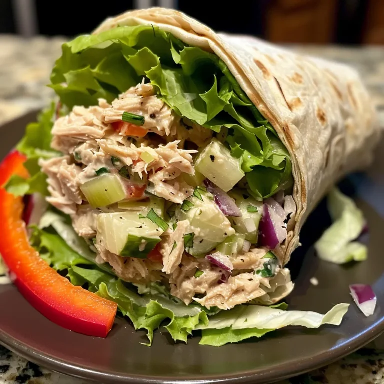 ['Close-up view of a delicious tuna wrap with colorful vegetables.', 'Side view of an Easy Tuna Wrap showcasing fresh ingredients and textures.', 'Juicy Easy Tuna Wrap filled with vibrant vegetables and tuna mixture.', 'Mouth-watering tuna wrap with lettuce, red peppers, and dill pickles.']