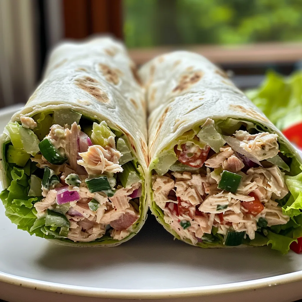 ['Close-up view of a delicious tuna wrap with colorful vegetables.', 'Side view of an Easy Tuna Wrap showcasing fresh ingredients and textures.', 'Juicy Easy Tuna Wrap filled with vibrant vegetables and tuna mixture.', 'Mouth-watering tuna wrap with lettuce, red peppers, and dill pickles.']