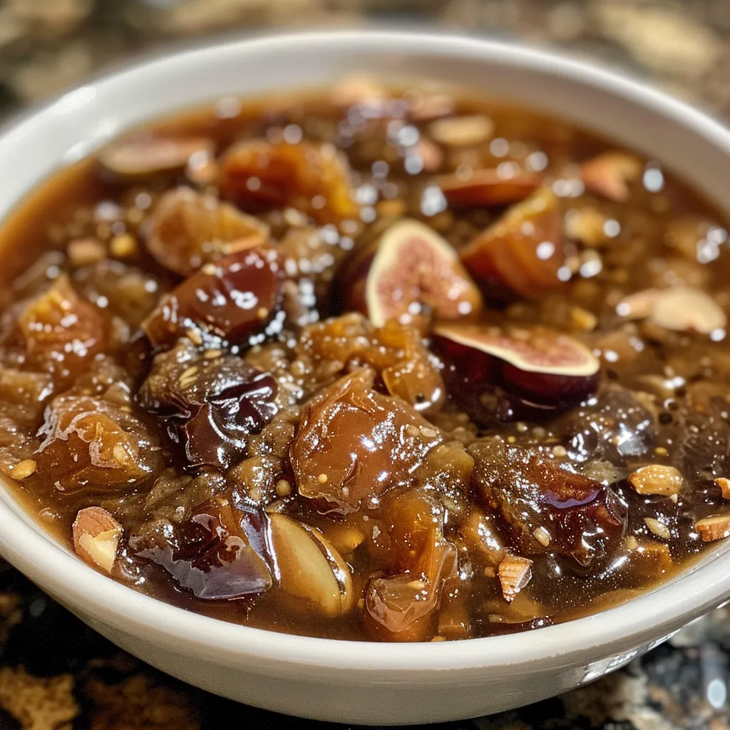 Close-up view of a bowl of creamy fig soup garnished with slices of ginger and almonds.