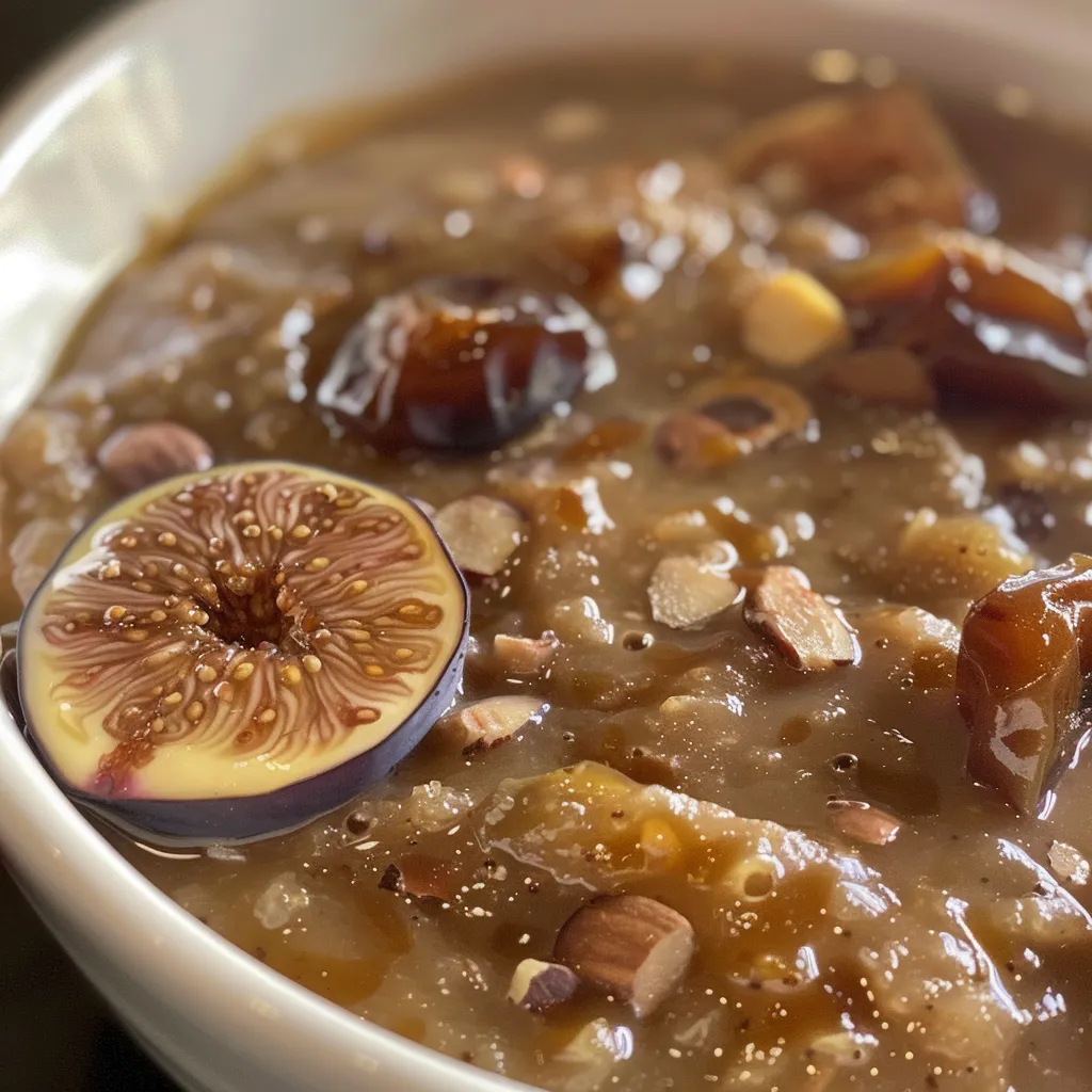 Close-up view of a bowl of creamy fig soup garnished with slices of ginger and almonds.