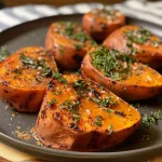 ['A close-up side view of baked sweet potatoes with butter and spices.', 'Juicy, golden-brown baked sweet potatoes garnished with herbs and spices.', 'Freshly baked sweet potatoes served with melted butter and sprinkled with cinnamon.', 'Side view of healthy baked sweet potatoes, showcasing their texture and color.']