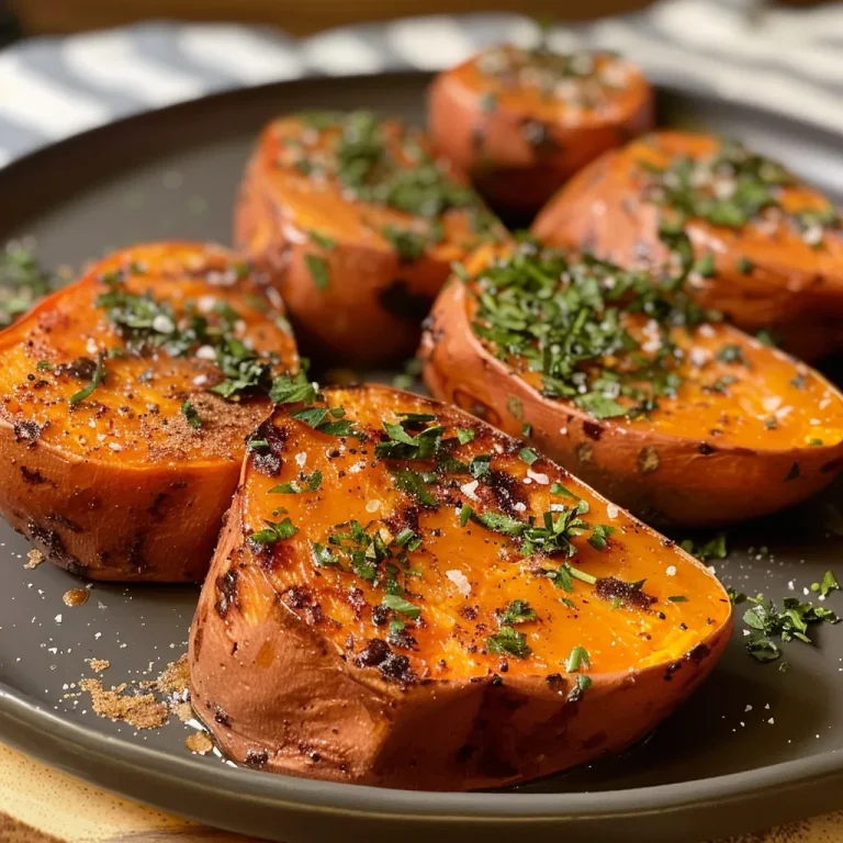 ['A close-up side view of baked sweet potatoes with butter and spices.', 'Juicy, golden-brown baked sweet potatoes garnished with herbs and spices.', 'Freshly baked sweet potatoes served with melted butter and sprinkled with cinnamon.', 'Side view of healthy baked sweet potatoes, showcasing their texture and color.']