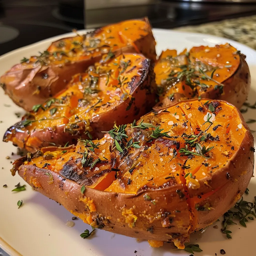 ['A close-up side view of baked sweet potatoes with butter and spices.', 'Juicy, golden-brown baked sweet potatoes garnished with herbs and spices.', 'Freshly baked sweet potatoes served with melted butter and sprinkled with cinnamon.', 'Side view of healthy baked sweet potatoes, showcasing their texture and color.']