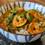 ['Close-up of a vibrant shrimp zucchini curry in a bowl with fresh cilantro.', 'Side view of a delicious shrimp and zucchini curry garnished with cilantro.', 'Juicy shrimp zucchini curry served in a rustic bowl, showing rich colors and textures.', 'Close-up image highlighting shrimp, zucchini, and a creamy coconut sauce in a bowl.']